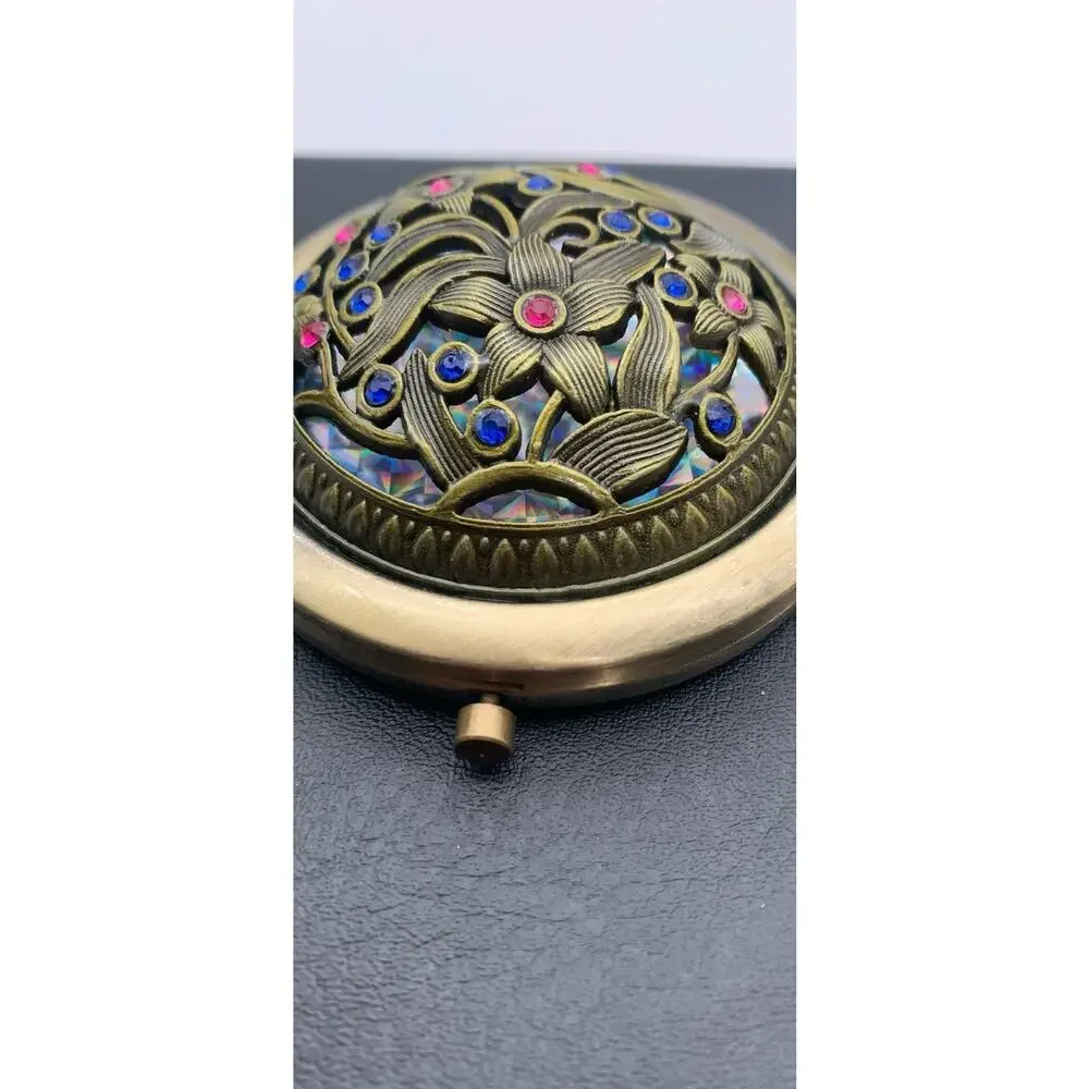 Dual Mirror Compact Floral Jeweled Brass Tone Iridescent Background Boho NWOT